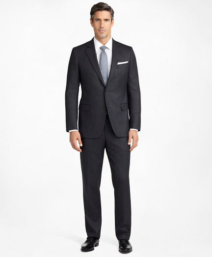 Men's Regular Fit Saxxon™ Wool Grey Herringbone 1818 Suit | Brooks Brothers