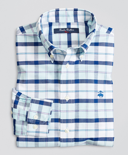 Boys Non-Iron Stretch Cotton Oxford Large Plaid Sport Shirt