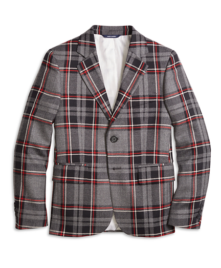 Boys' Two-Button Charcoal Plaid Wool 