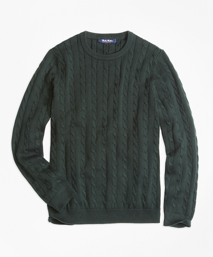 Boys' Hunter Green Crewneck Cable Sweater | Brooks Brothers