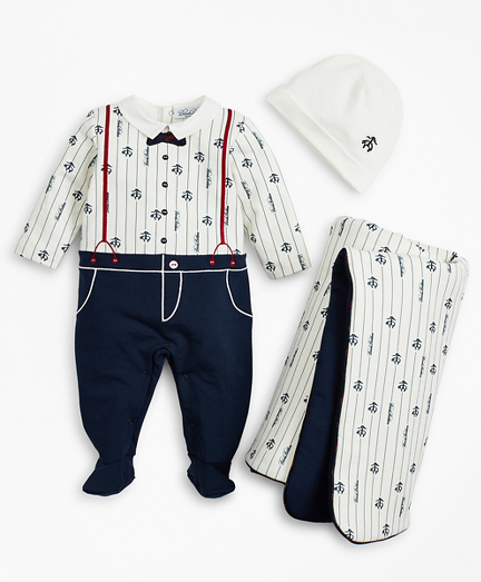 Boys Pinstripes & Suspenders Stretch Cotton Footie, Hat & Blanket Set - 6 Months