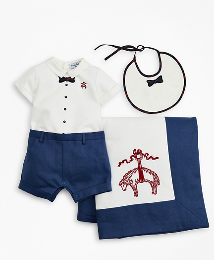 Boys Bowtie Shortall, Bib & Blanket Set - 9 Months