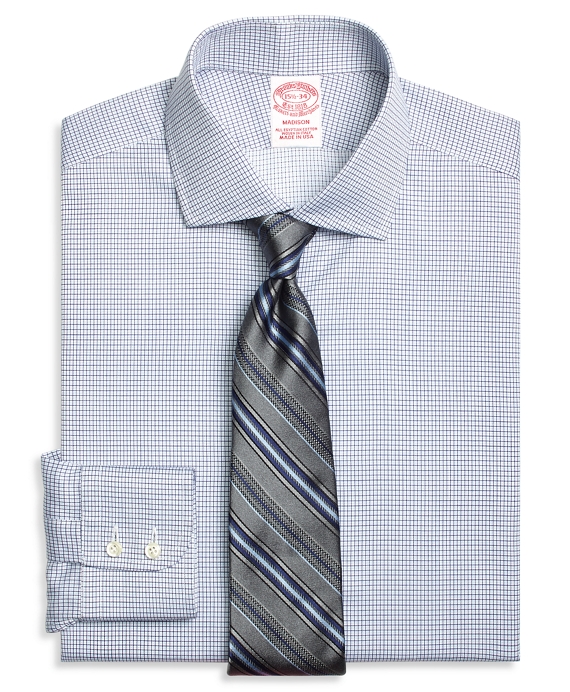 Men's Non-Iron Regular Fit Blue Textured Micro Check Dress Shirt ...