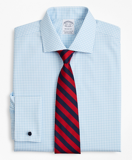 Stretch Regent Fitted Dress Shirt, Non-Iron Poplin English Collar French Cuff Gingham