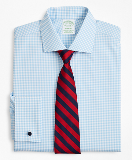 Stretch Milano Slim-Fit Dress Shirt, Non-Iron Poplin English Collar French Cuff Gingham