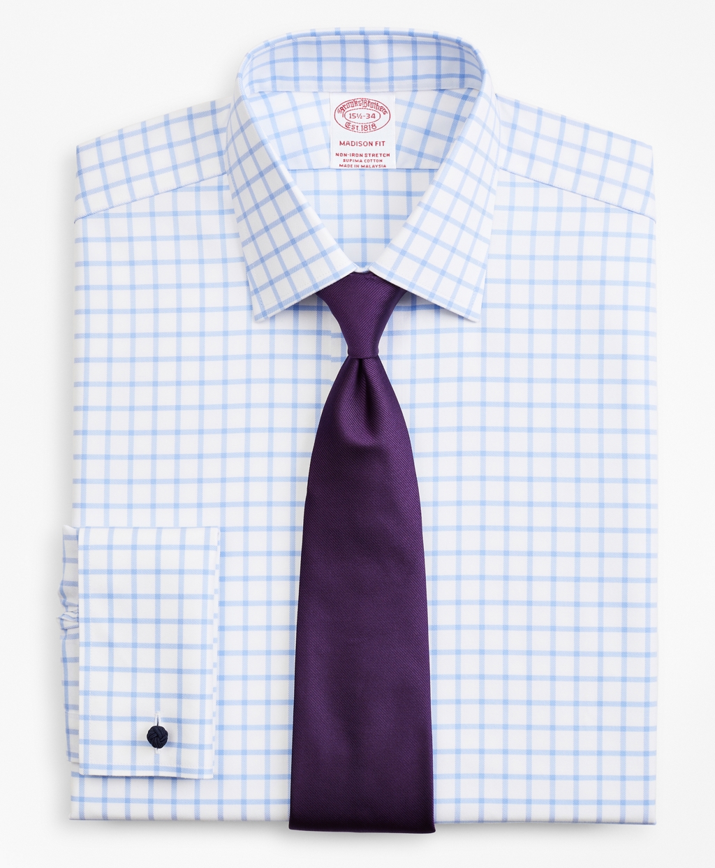 Brooksbrothers Stretch Madison Relaxed-Fit Dress Shirt, Non-Iron Twill Ainsley Collar French Cuff Grid Check