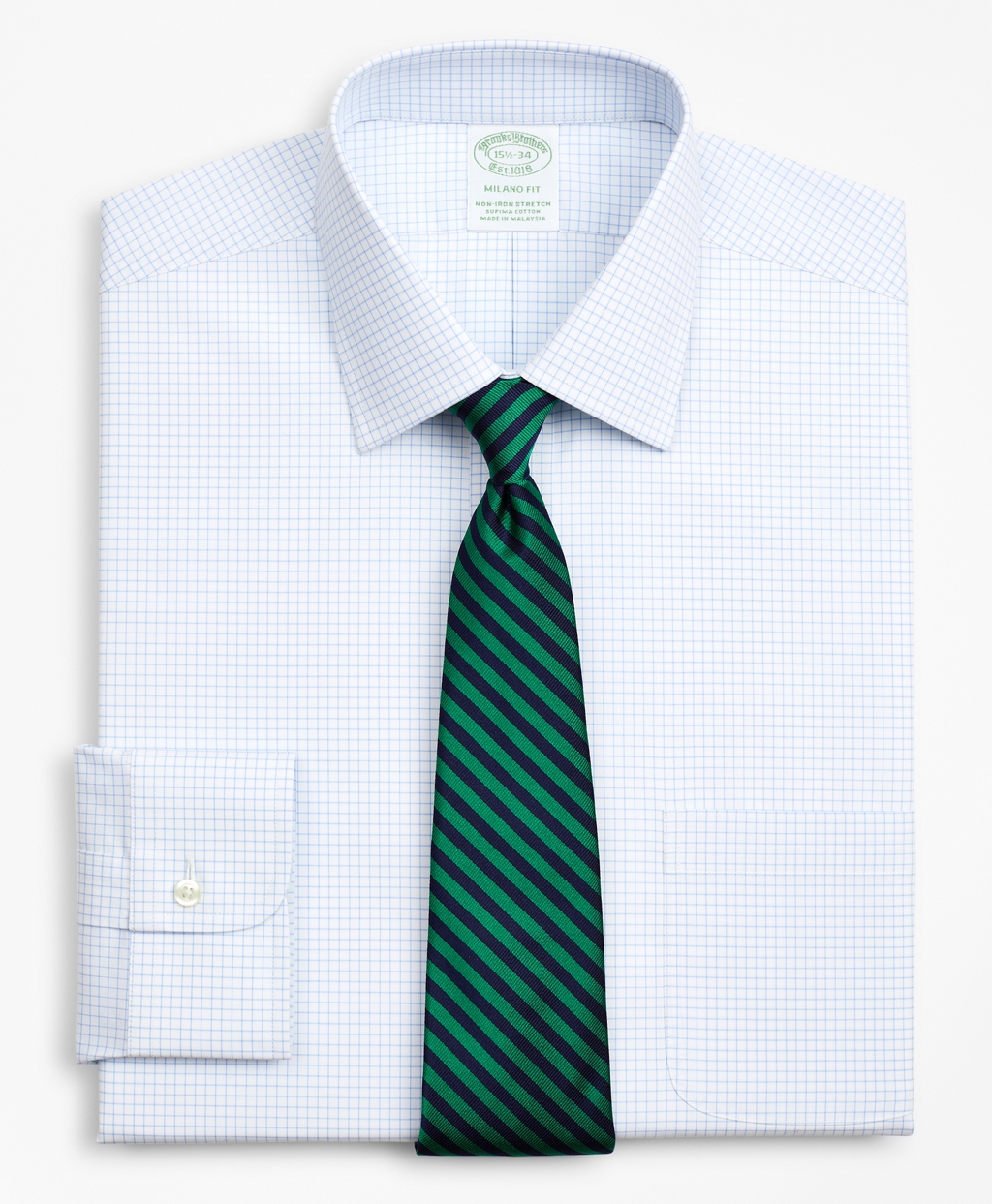 Brooksbrothers Stretch Milano Slim-Fit Dress Shirt, Non-Iron Poplin Ainsley Collar Small Grid Check