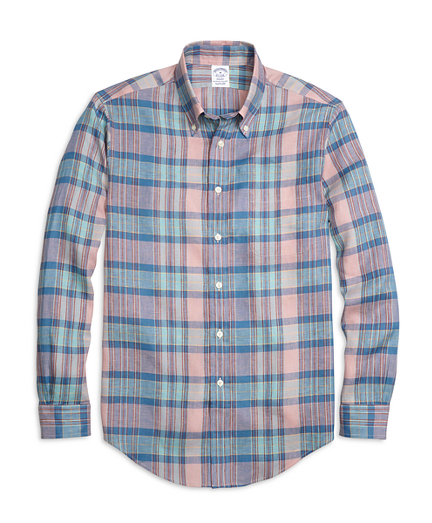 Regent Fit Plaid Linen Sport Shirt