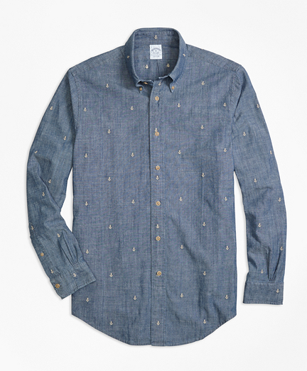 Regent Fit Anchor Embroidered Indigo Chambray Sport Shirt
