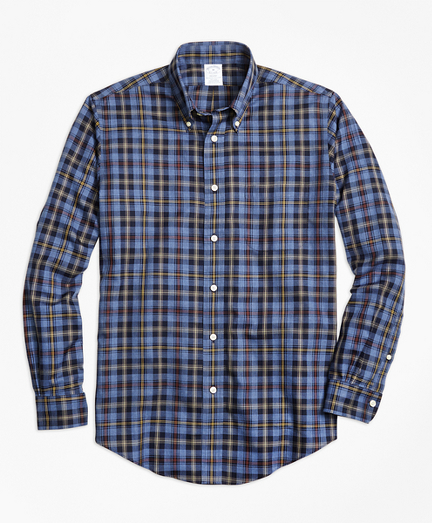 Non-Iron Regent Fit Blue Heathered Plaid Sport Shirt