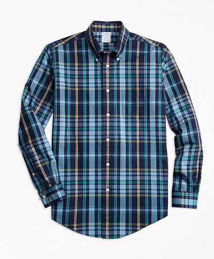 Regent Fit Slub Cotton Dark-Blue Plaid Sport Shirt
