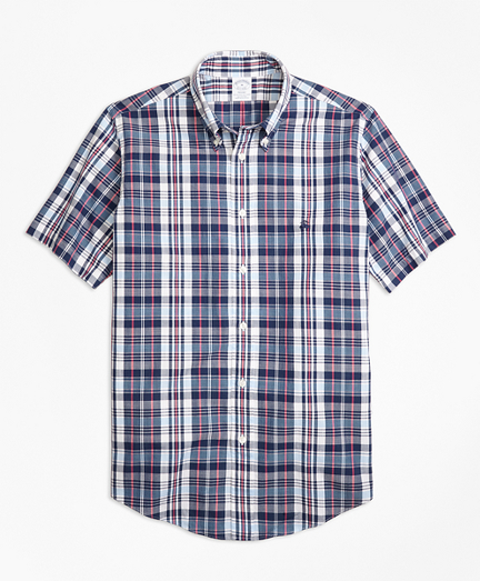 Regent Fit Slub Cotton Plaid Short-Sleeve Sport Shirt