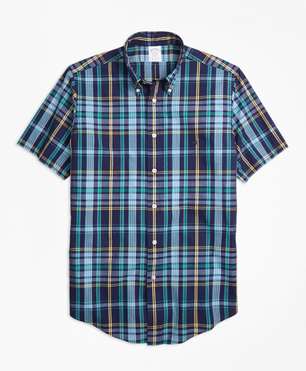 Regent Fit Slub Cotton Dark-Blue Plaid Short-Sleeve Sport Shirt