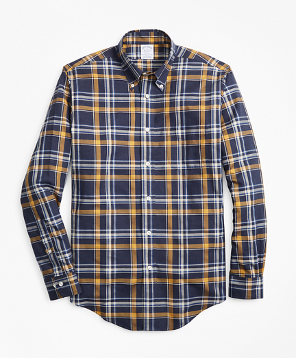 Non-Iron Regent Fit Navy-Gold Plaid Sport Shirt