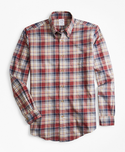 Regent Fit Camel Plaid Flannel Sport Shirt