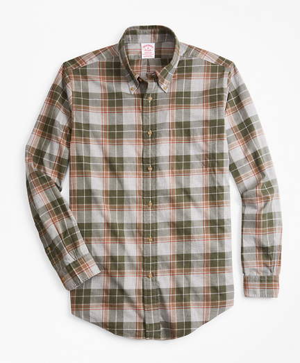 Madison Fit Olive Plaid Flannel Sport Shirt