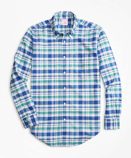 Madison Fit Oxford Blue and Green Plaid Sport Shirt