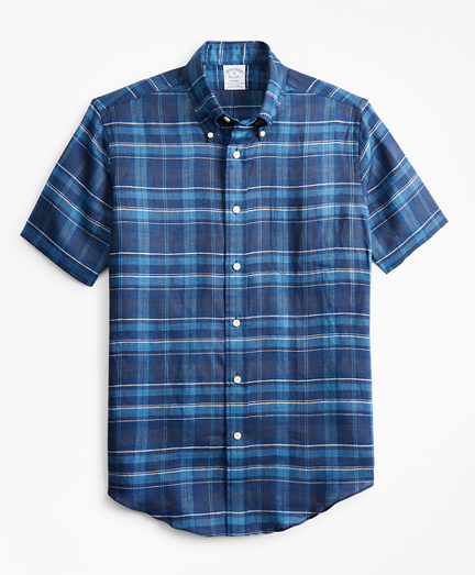 Regent Fit Large Plaid Irish Linen Short-Sleeve Sport Shirt