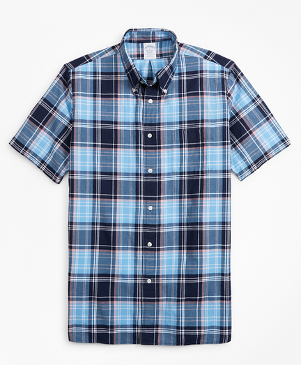 Regent Fit Blue Madras Short-Sleeve Sport Shirt - Brooks Brothers