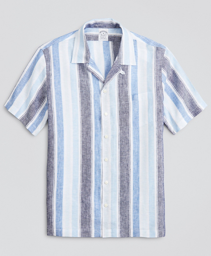 Regent Fitted Sport  Shirt, Irish Linen Camp Collar Short-Sleeve Stripe