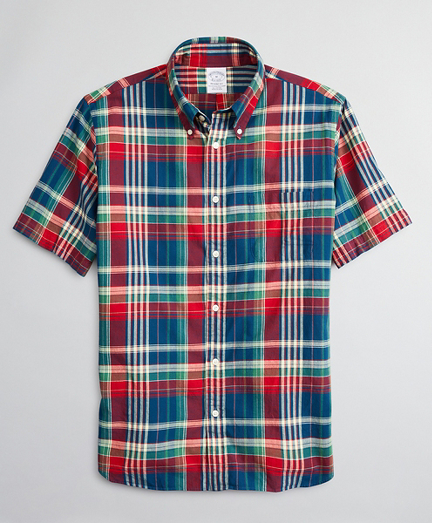 Regent Fitted Sport Shirt, Red Madras Short-Sleeve