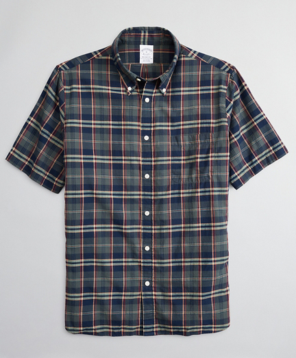 Regent Fitted Sport Shirt, Olive Madras Short-Sleeve