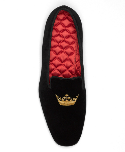Men's Black Velvet Crown Slippers 