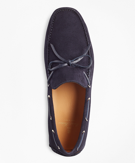 blue suede driving mocs