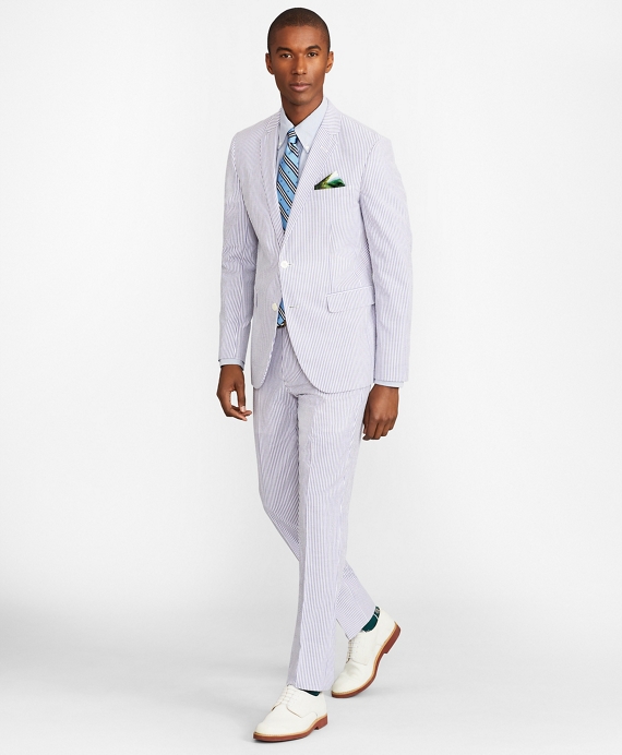 Men's 2 button Stripe Slim Fit Seersucker Suit with Vest & Flat Front Pants Blue