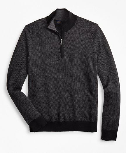 Washable Merino Wool Herringbone Half-Zip - Brooks Brothers