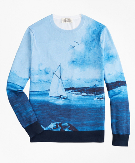 Supima&reg; Cotton Ocean Motif Crewneck Sweater