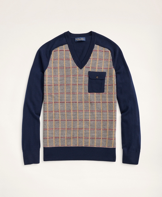 Merino Plaid V-Neck Sweater Beige-Multi