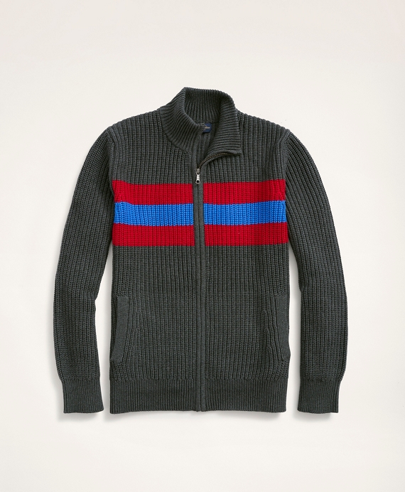 Striped Ribbed Full-Zip Sweater Charcoal