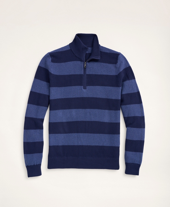 Cotton Pique Rugby Stripe Half-Zip Navy-Light Blue