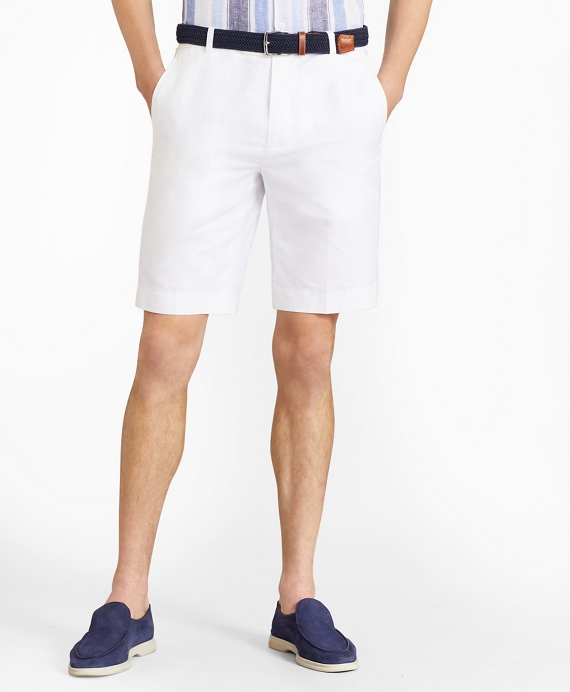 Houndstooth Cotton and Linen Bermuda Shorts White