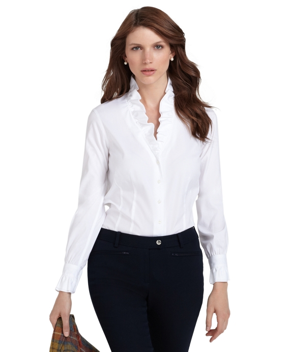 Women's Petite Non-Iron Fitted Ruffle Collar White Dress Shirt | Brooks ...
