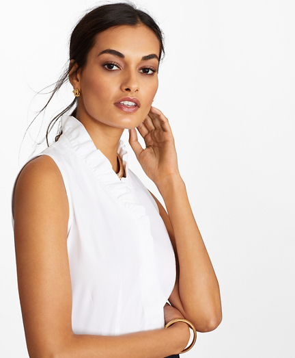 Petite Non-Iron Stretch Supima&reg; Cotton Sleeveless Ruffled Blouse