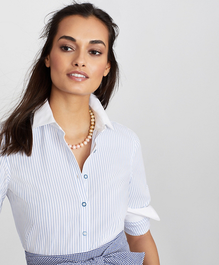 Petite Non-Iron Striped Supima&reg; Cotton Dobby Contrast-Collar Fitted Shirt