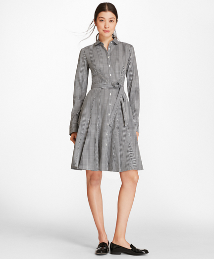 Petite Checked Cotton Poplin Godet Shirt Dress