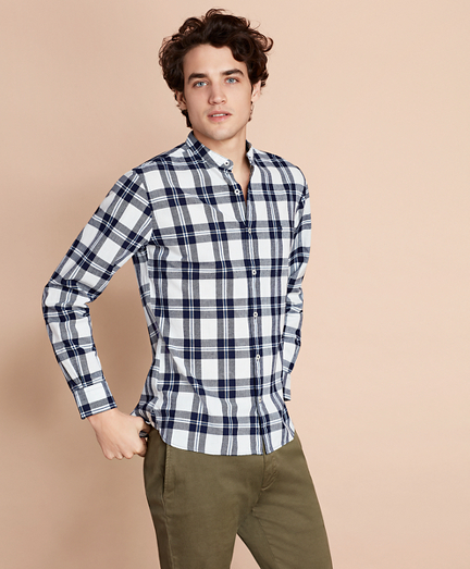 Plaid Indigo Band Collar Sport Shirt