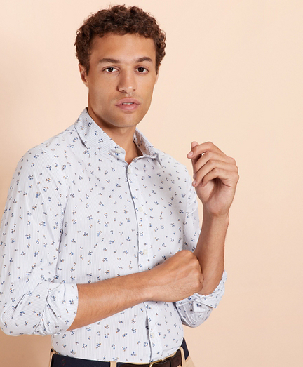 Micro-Stripe Floral-Print Poplin Shirt