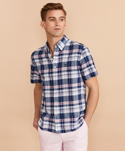 Plaid Linen-Cotton Short-Sleeve Shirt