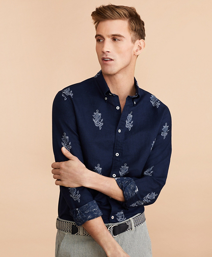 Anchor Print Linen-Cotton Shirt