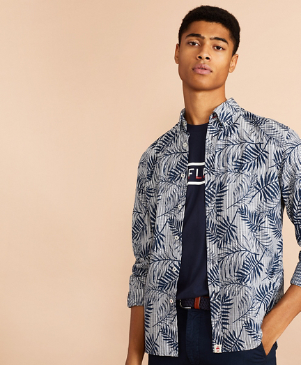 Indigo Striped Palm Print Shirt