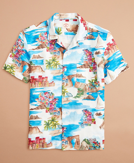 Coastal-Print Linen-Cotton Camp Collar Short-Sleeve Shirt