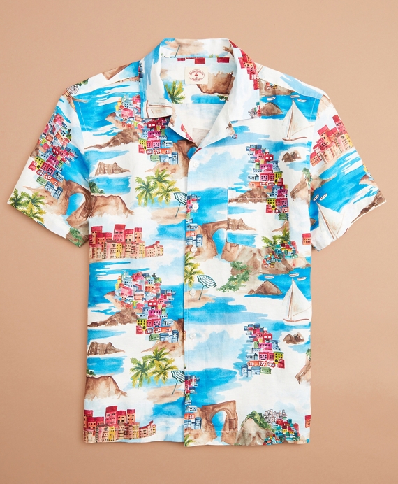 Coastal-Print Linen-Cotton Camp Collar Short-Sleeve Shirt Multi