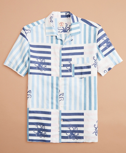 Octopus-Print Linen-Cotton Camp Collar Short-Sleeve Shirt