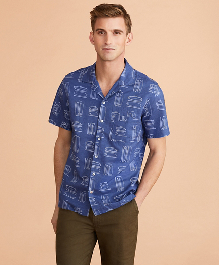 Surfboard-Print Linen-Cotton Camp Collar Short-Sleeve Shirt
