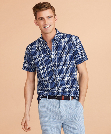 Seahorse-Print Madras Popover Shirt Short-Sleeve