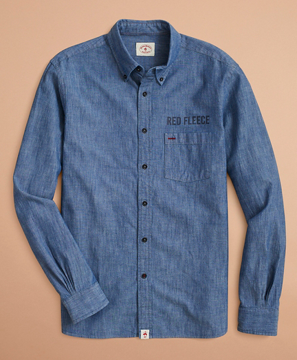 Indigo Red Fleece Printed Chambray 